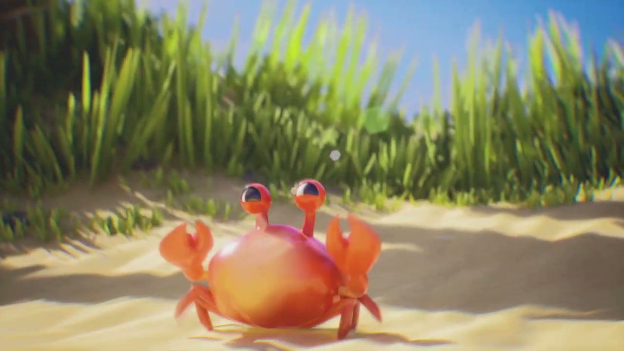 Coral-colored crabs chase one another across a sandy beach beneath palm trees. The camera follows their movement, and a coconut rolls into the action.